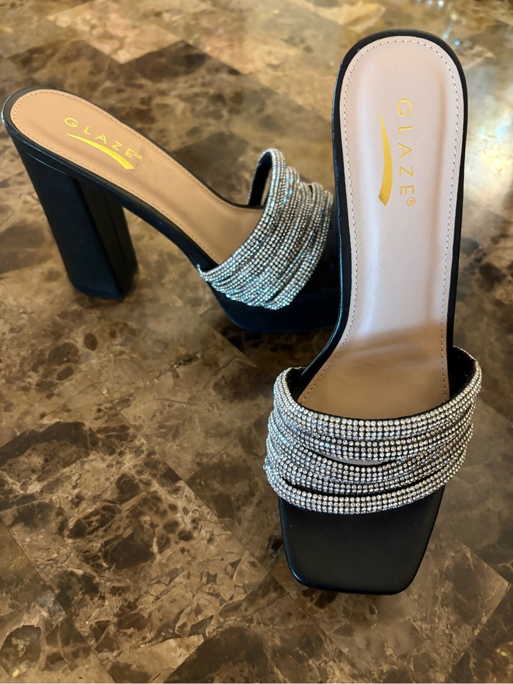 Glaze Black Rhinestone Multi-Row Strap Block Heel Mules. Size 7. Like New